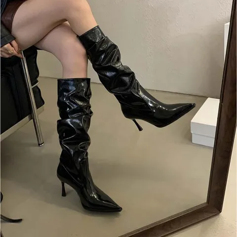 Botas Largas Slouch Fruncidas con Tacón de Aguja y Puntera Afilada Vintage para Mujer Zapatos de Cuero PU