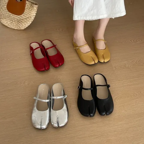Women Split Toe Mary Jane Closed Toe Half Slippers Microfiber Flat Mules Casual Slip On Daily Walking Shoes