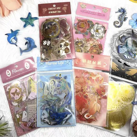 Folielegeersel PET Transparant Waterdicht Vintage Bloemen Zeeleven Decoratieve Stickers Dagboek Telefoon Bagage DIY
