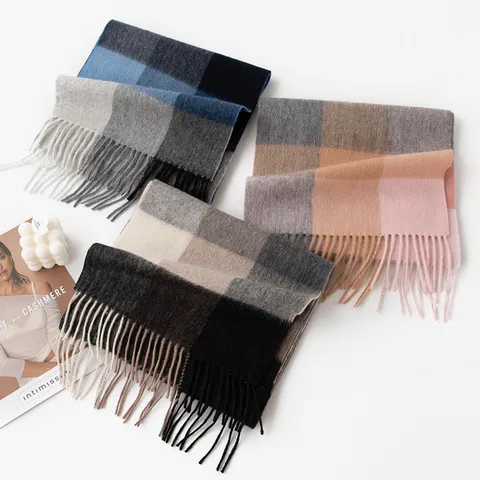 Women Winter Warm Wool Scarf Classic Plaid Tassel Long Neckerchief Soft Fashion Casual Winter Accessory