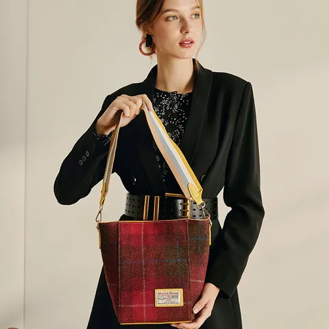 Britse Retro Wollen Tweed Tote Bag Ruit Casual Schoudertas Herfst Winter Handtas Voor Vrouwen