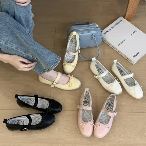 Zapatos Planos Mary Jane para Mujer Retro Francés Tacón Bajo Lazo Elegante Casual Diario Punta Redonda