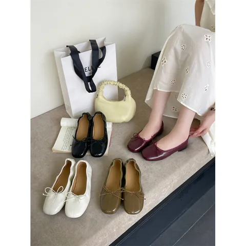 Women's Retro PU Leather Flat Ballet Shoes Shallow Mouth Bowknot Casual Walking Shoes