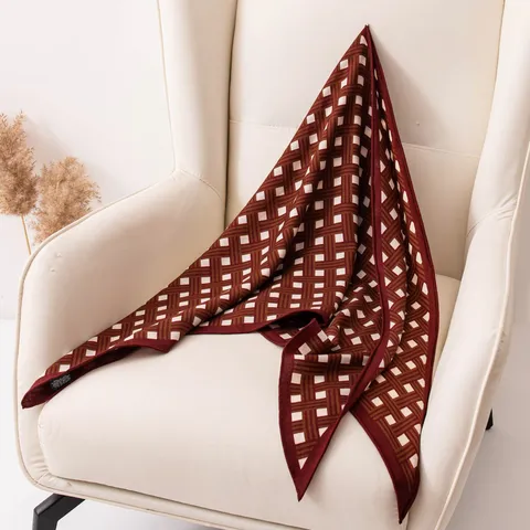 Mulberry Silk Wool Blend Triangle Scarf Fashion Wine Red Geometric Plaid Print Shawl For Women Daily Commute