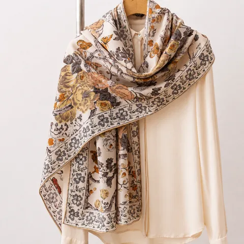 Sciarpa Lunga in Seta Lana da Donna Stampata Bifacciale Scialle Floreale Moda Retro Leggera Invernale Calda