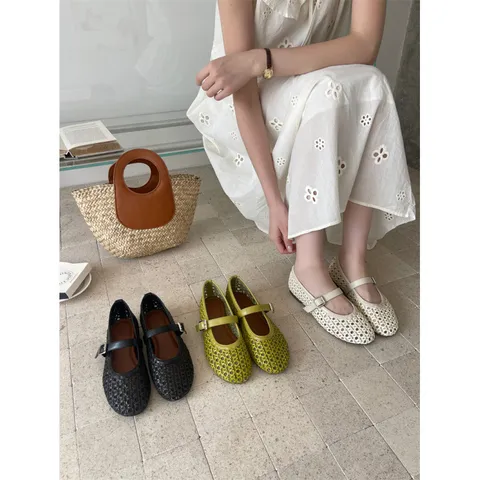 Zapatos Planos Casuales de Cuero PU Calados Transpirables para Mujer Zapatos Mary Jane con Una Correa Calzado Diario de Moda