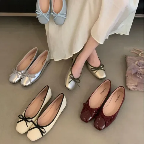 Women's French Square Toe Shallow Bow Ballet Flats Comfortable Soft Sole Slip On Casual Walking Dress Shoes