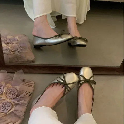 Women's French Square Toe Shallow Bow Ballet Flats Comfortable Soft Sole Slip On Casual Walking Dress Shoes