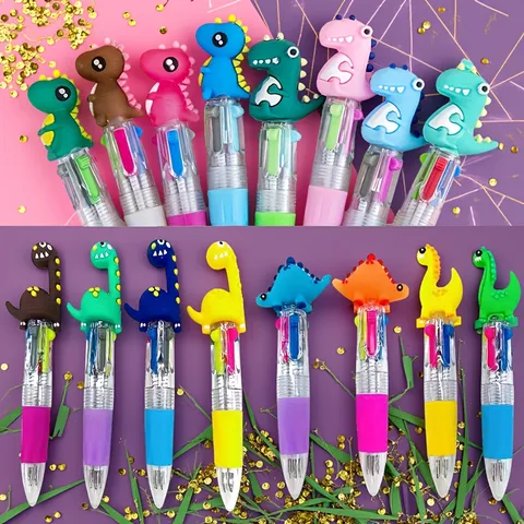 Mini Cute Cartoon Dinosaur 4-Color Ballpoint Pen Multi-Color Push Press Pen Student School Stationery Gift Writing Pen
