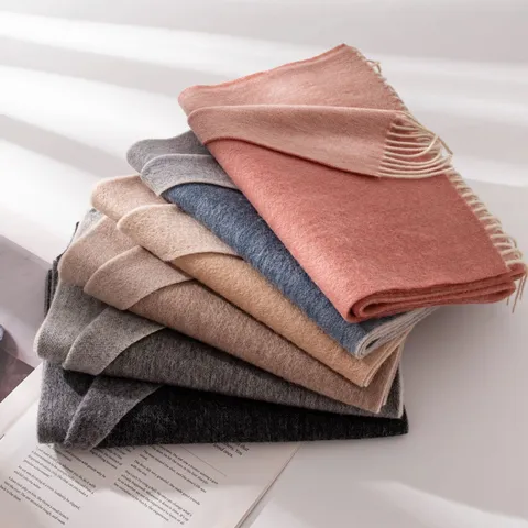 Bufanda de Lana de Doble Cara Lisa Bufanda Cálida de Invierno con Borlas Minimalista Suave Color Sólido para Hombres Mujeres