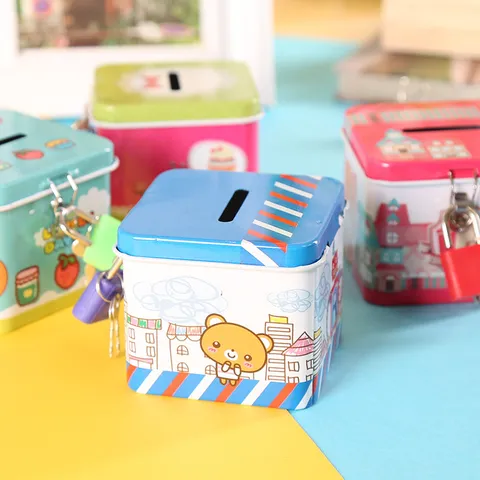 Creative Cartoon Tinplate Piggy Bank Small Square Box Metal Coin Saving Box For Kids Children Birthday Gift