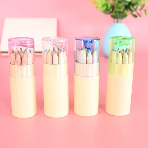 Wooden Colored Pencils Set 12 Colors Student Drawing Coloring Pens With Portable Barrel Sharpener Cap Office School Supplies