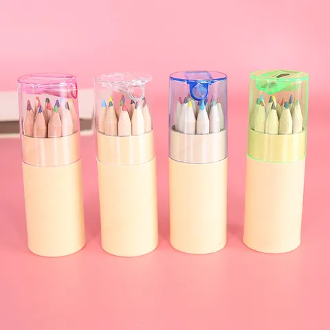 Wooden Colored Pencils Set 12 Colors Student Drawing Coloring Pens With Portable Barrel Sharpener Cap Office School Supplies