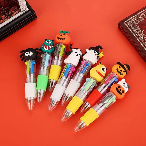 Halloween Mini Four-Color Ballpoint Pen Cute Cartoon Pumpkin Ghost Retractable Writing Pen Student Festive Stationery Gift