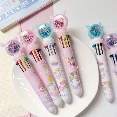 Cute Unicorn Multi Color Ballpoint Pen Press Type Plastic Rainbow Pen With Sequins Liquid Cap Student Writing