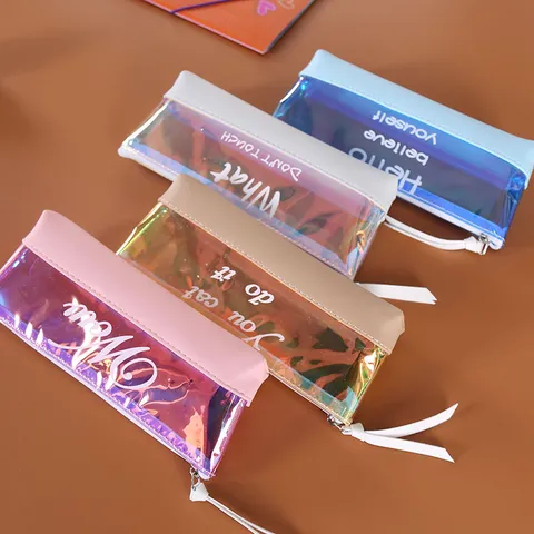 Carino Astuccio Triangolare Trasparente Iridescente Stile Coreano in Pelle PU Trasparente Borsa Porta Cancelleria per Studenti