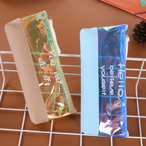 Carino Astuccio Triangolare Trasparente Iridescente Stile Coreano in Pelle PU Trasparente Borsa Porta Cancelleria per Studenti