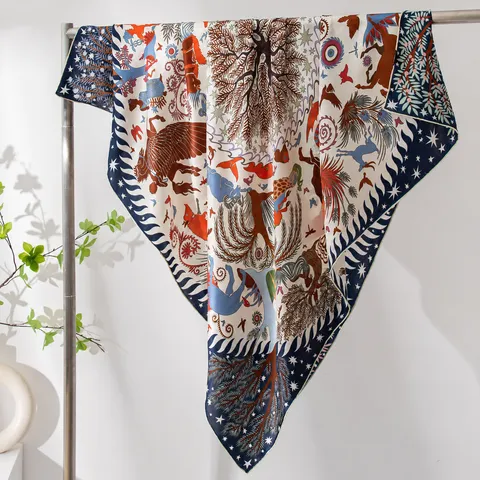 Women Luxury Mulberry Silk Large Square Scarf Vintage Animal Floral Print Fashion Neck Scarf Shawl Wrap