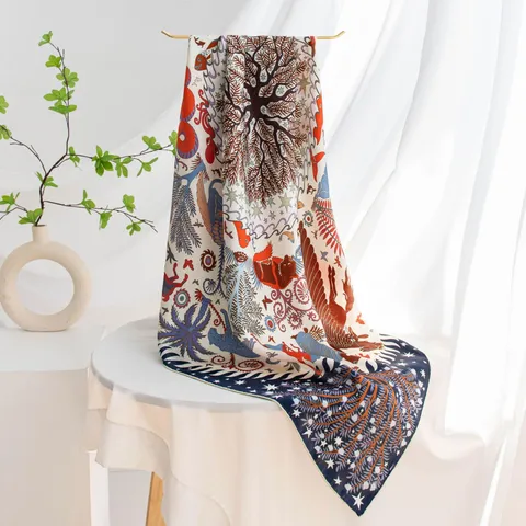 Women Luxury Mulberry Silk Large Square Scarf Vintage Animal Floral Print Fashion Neck Scarf Shawl Wrap