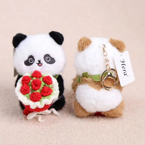 Cute Plush Panda Keychain Stuffed Animal Toy Bag Pendant Flower Holding Panda Doll Fashion Accessory Gift