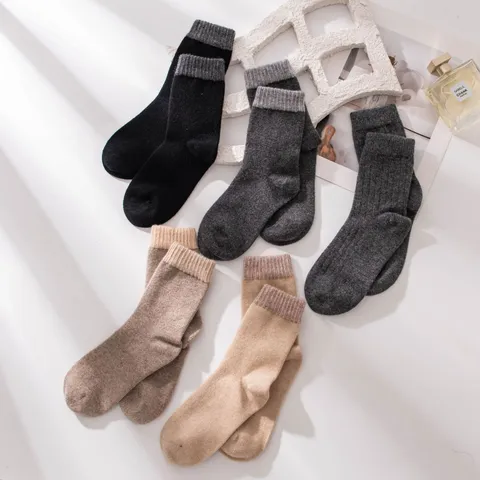 Calze a Tubo Medio in Misto Lana Termica Ispessita Unisex Inverno Caldo Tinta Unita Polsino a Coste Calze Casual Per Adulti