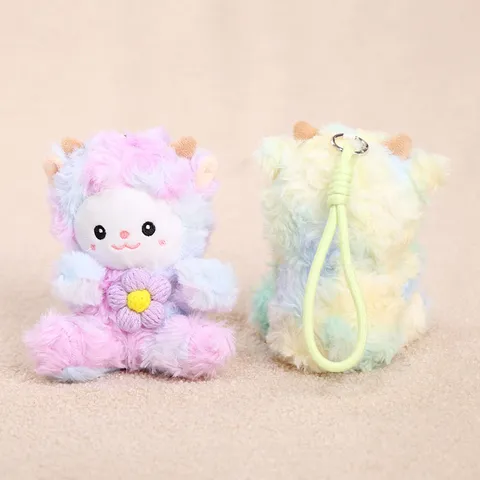 Colorful Tie-Dye Little Sheep Plush Toy Pendant Cute Stuffed Animal Doll With Flower And Metal Keychain For Kids Gift