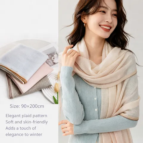 Sciarpa in Lana Minimalista per Donna Bordo in Filo d'Oro Jacquard Sfumato A Quadri Scialle Medio Lungo Sottile Accessorio Moda