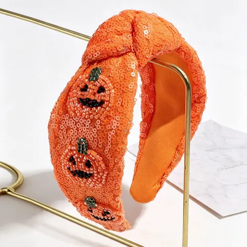 Halloween Pumpkin Sequin Knotted Headband Wide Brim Beaded Headwear Festival Party Hair Accessories For Women