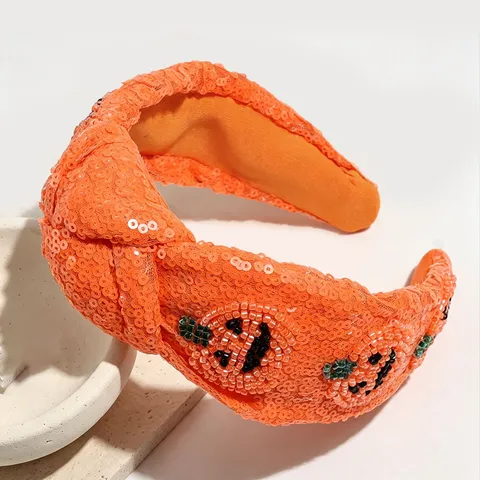 Halloween Pumpkin Sequin Knotted Headband Wide Brim Beaded Headwear Festival Party Hair Accessories For Women