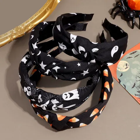 Halloween Printed Knotted Headband Wide Hair Hoop Ghost Candy Pattern Festival Party Hair Accessories For Women