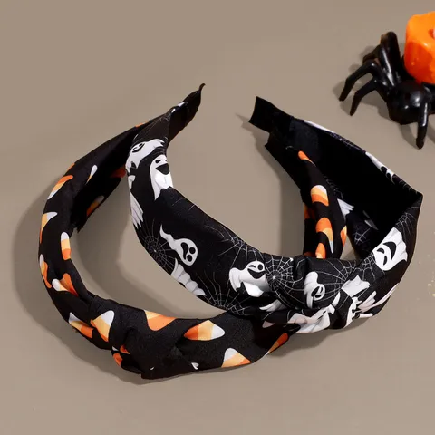 Halloween Printed Knotted Headband Wide Hair Hoop Ghost Candy Pattern Festival Party Hair Accessories For Women