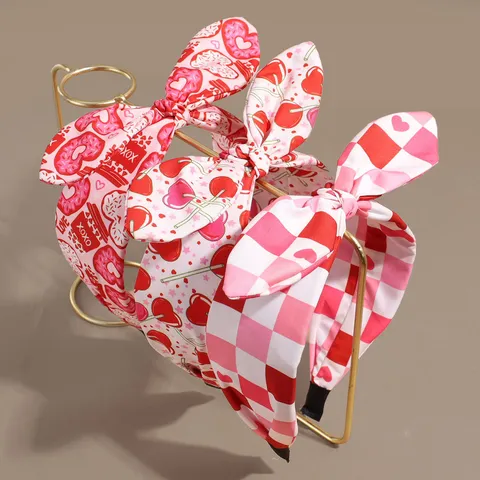 Carino Cerchietto con Fiocco e Orecchio di Coniglio Quadri Cuore Bambina Ampio Fascia Festival Tessuto Accessori per Bambini