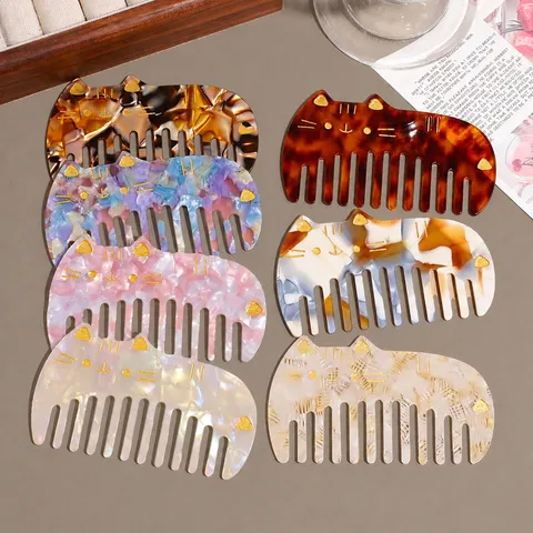 Cute Cartoon Cat Cellulose Acetate Hair Comb Tortoiseshell Gradient Portable Detangling Hair Brush For Women