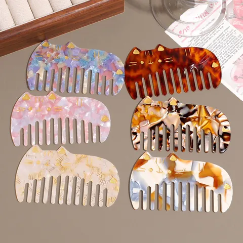 Cute Cartoon Cat Cellulose Acetate Hair Comb Tortoiseshell Gradient Portable Detangling Hair Brush For Women