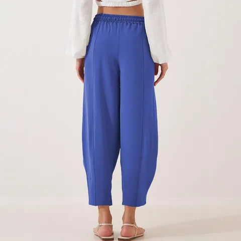 Damen Casual High Waist Lose Gerade Cropped Hose Einfarbig Elastischer Bund Taschen Freizeithose