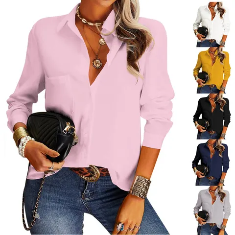 Damen Casual Langarm Umlegekragen Bluse Einfluß Einfarbig Büro Pendler Chic Mode Hemd