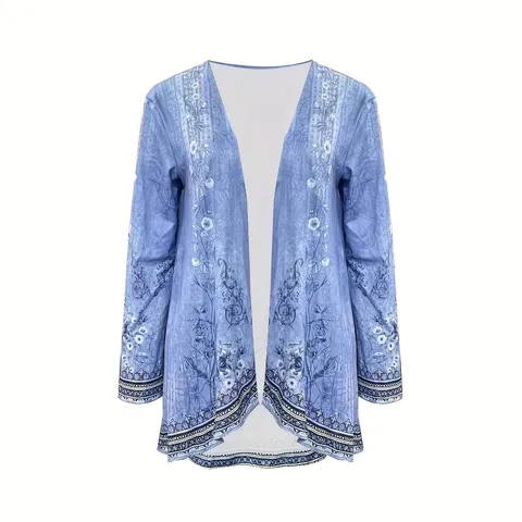 Women's Casual Long Sleeve Open Front Cardigan Vintage Botanical Floral Print Plus Size Outerwear Loose Fit Cape Coat