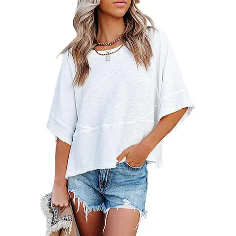 Damen Casual Einfarbig Rundhals Glockenärmel Lose Patchwork T-Shirt Sommer Basis Tägliches Top