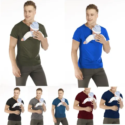 Men Women Kangaroo Pocket Casual T-Shirt Versatile Crew Neck Short Sleeve Loose Fit Cotton Blend Tops Daily Wear