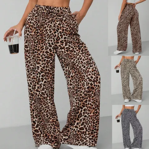 Damen Casual High Waist Leopardenmuster Gerade Weite Hose Lockere Passform Fashion Streetwear Lange Hose