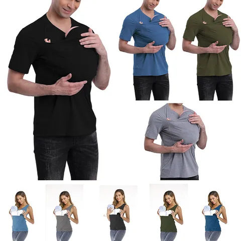 Unisex Multifunktionales Babytragen V-Ausschnitt T-Shirt Kapuze Lässiges Kurzarm Taschen Top