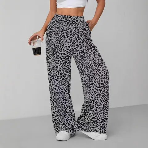Damen Casual High Waist Leopardenmuster Gerade Weite Hose Lockere Passform Fashion Streetwear Lange Hose