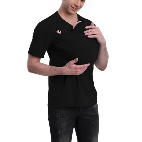 Unisex Multifunktionales Babytragen V-Ausschnitt T-Shirt Kapuze Lässiges Kurzarm Taschen Top