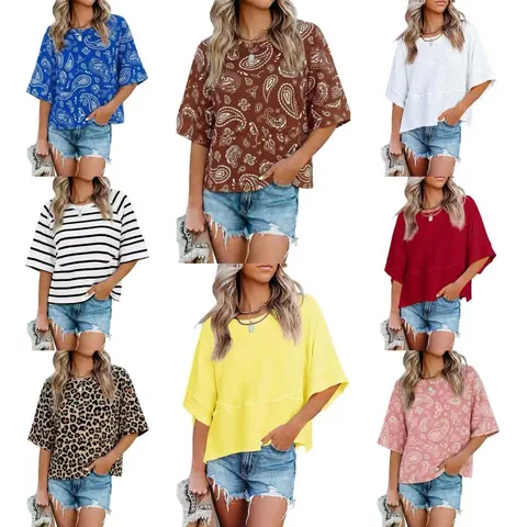 Damen Casual Lockeres Einfarbiges Bedrucktes Rundhals Halbarm T-Shirt Sommer Basis Bequemes Oberteil
