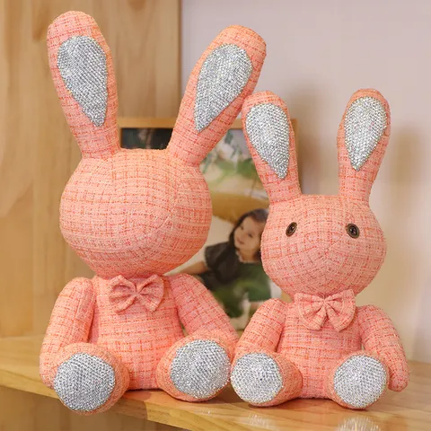 Chic Tweed Rhinestone Rabbit Plush Toy Cute Stuffed Animal Bunny Doll Car Decor Bag Pendant Gift
