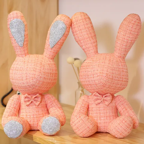 Chic Tweed Rhinestone Rabbit Plush Toy Cute Stuffed Animal Bunny Doll Car Decor Bag Pendant Gift