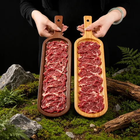 Plat de Service en Mélamine Imitation Bois Long Rectangulaire Plat de Bœuf pour Fondue Vaisselle Style Rustique pour Restaurant Maison