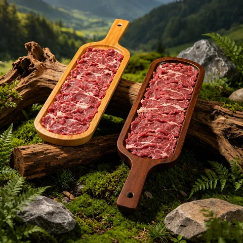 Plat de Service en Mélamine Imitation Bois Long Rectangulaire Plat de Bœuf pour Fondue Vaisselle Style Rustique pour Restaurant Maison