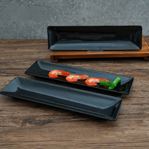 Plateau à Sushis Rectangulaire en Mélamine Noire Assiette de Service Brillante Vaisselle Commerciale pour Barbecue et Hot Pot