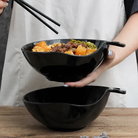 Black Melamine Creative Handle Bowl Commercial Beef Rice Pasta Bowl Minimalist Anti-Scald Dinnerware Bowl